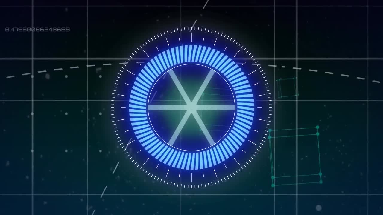 네온 둥근 스캐너, 데이터 처리 및 파란색 배경에 대한 기하학적 큐브의 애니메이션