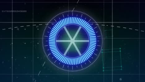 animación de escáner redondo de neón, procesamiento de datos y cubos geométricos contra un fondo azul