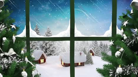 Animation-Einer-Winterlandschaft-Und-Häuser,-Die-Durch-Das-Fenster-Gesehen-Werden