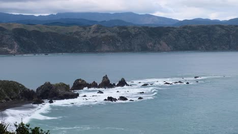 뉴질랜드 북섬 아오테아로아 (aotearoa) 의 파도와 함께 바위 해안선과 함께 웰링턴 항구 입구의 바다 전망