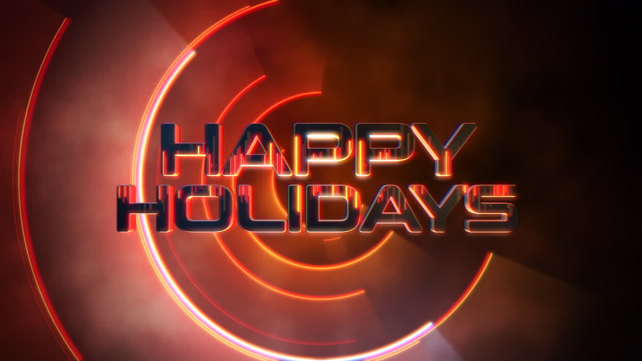 círculos de neón rojos: texto de felices fiestas en medio de la euforia humeante