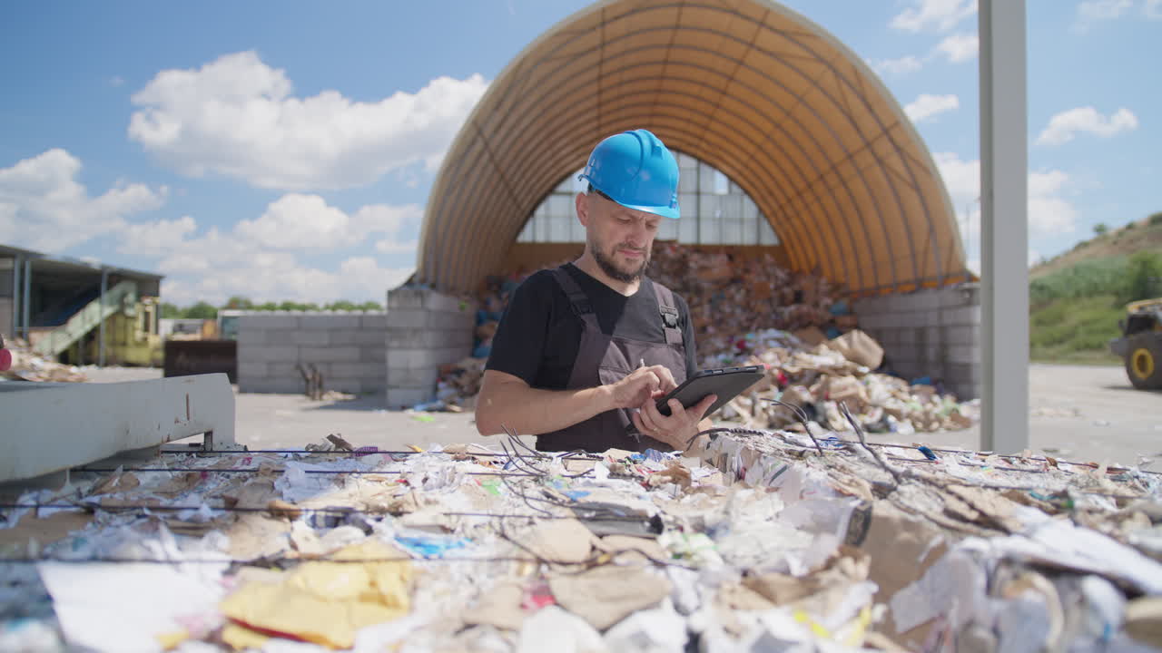 trabajador caucásico en una instalación de reciclaje de papel comprueba la integridad de la bala de papel encuadernada