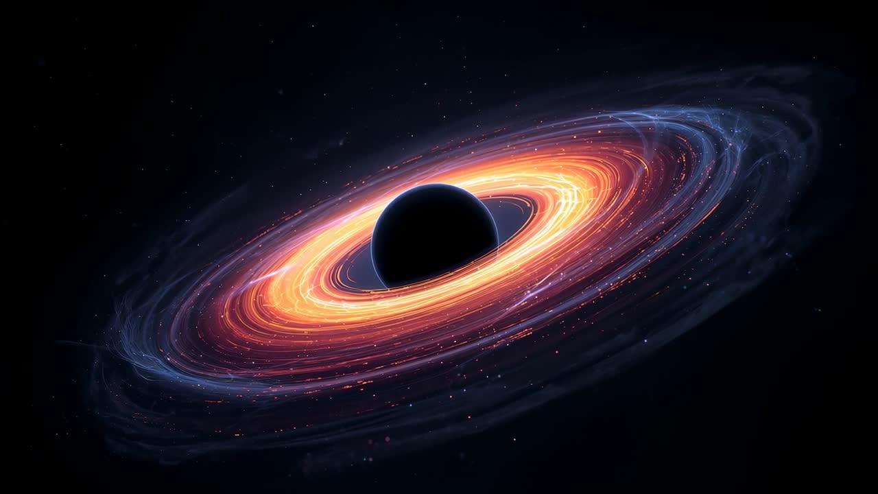Disco di accrescimento rotante che gira in senso orario, ombra ferma e scintille sui bracci a spirale nello spazio