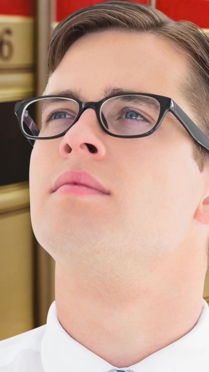 Animazione di un uomo caucasico che tiene in mano un libro in biblioteca