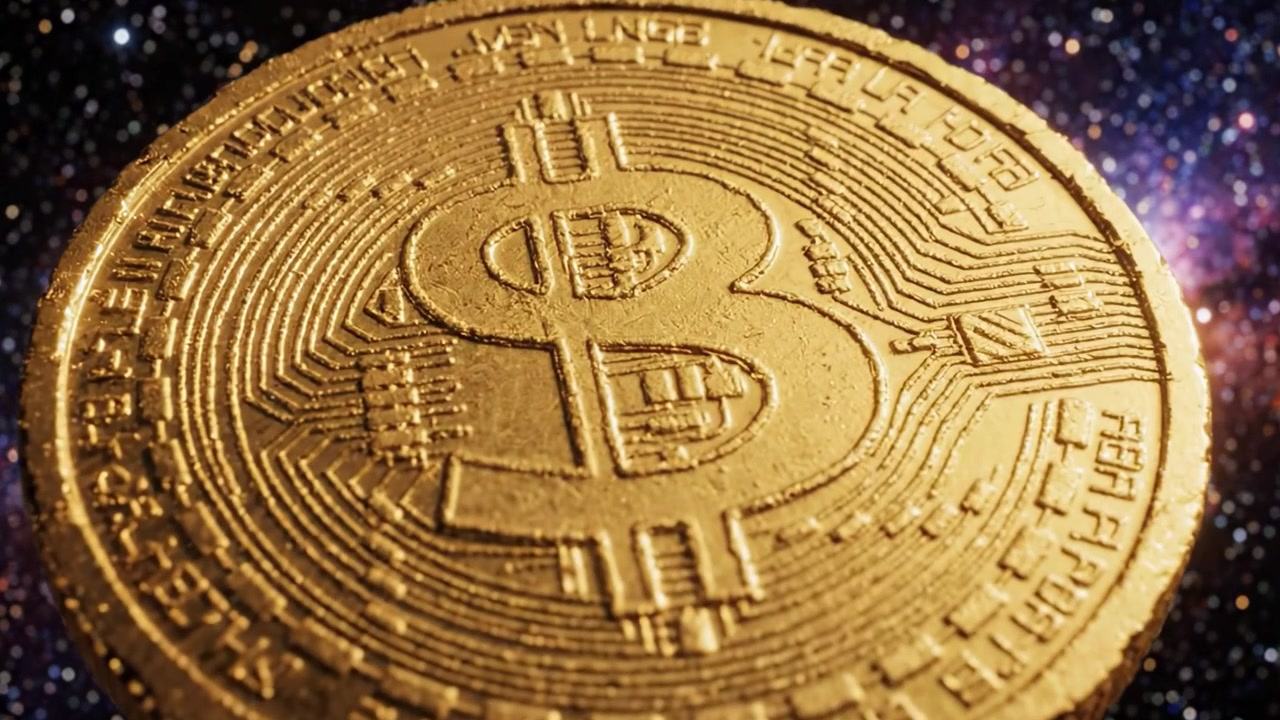 Una Visualizzazione Mozzafiato di una Moneta di Criptovaluta Che Fluttua in una Galassia Cosmica, Evidenziando l'Intersezione Tra Finanza Digitale e Creatività Spaziale