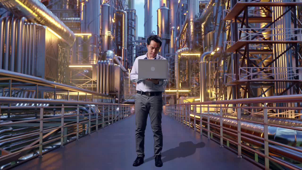 Full Body Of An Asian Male Professional Worker Standing With His Laptop At A Vast Oil Refinery, He Is Nodding His Head With Dissapionted