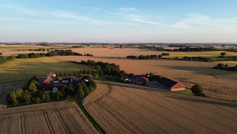 hässlunda, sweden: aerial slowmotion drone video of the open fields surrounding the village in the swedish countryside at dawn