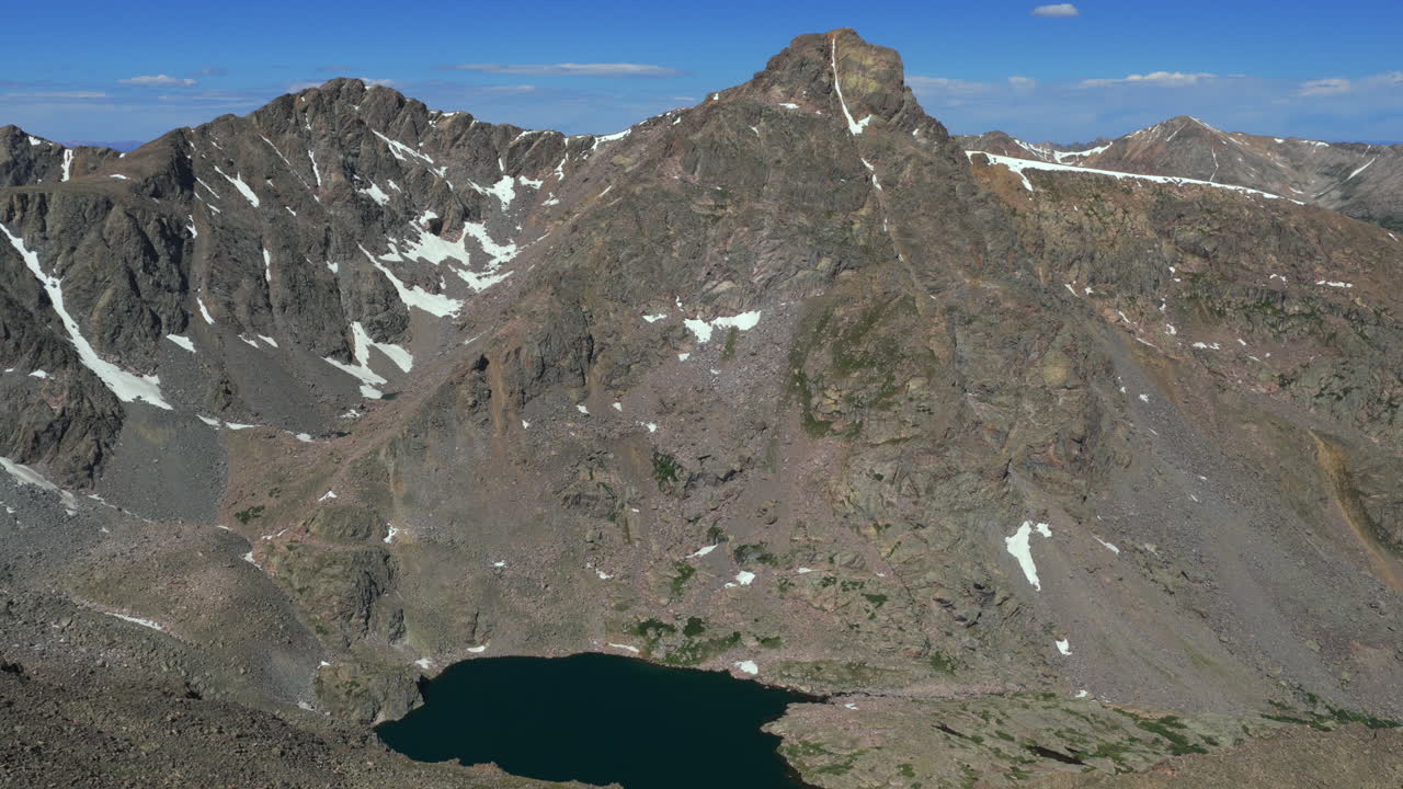 Late morning Mount of the Holy Cross 14er prominent peak wilderness landscape view aerial drone Colorado from North Mountain Shelter Halo Ridge Bowl Of Tears Alpine Lake Sawatch Range Rocky Mountains