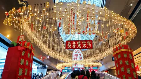 shopping mall escalator with chinese new year decorations