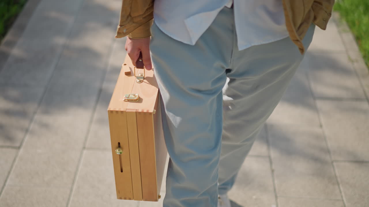 artista di strada che cammina con una scatola di legno che mostra pantaloni seersucker e scarpe da ginnastica bianche, la luce del sole proietta ombre leggere sul marciapiede, mano che stringe una custodia di vernice portatile vintage, abbigliamento casual e creativo
