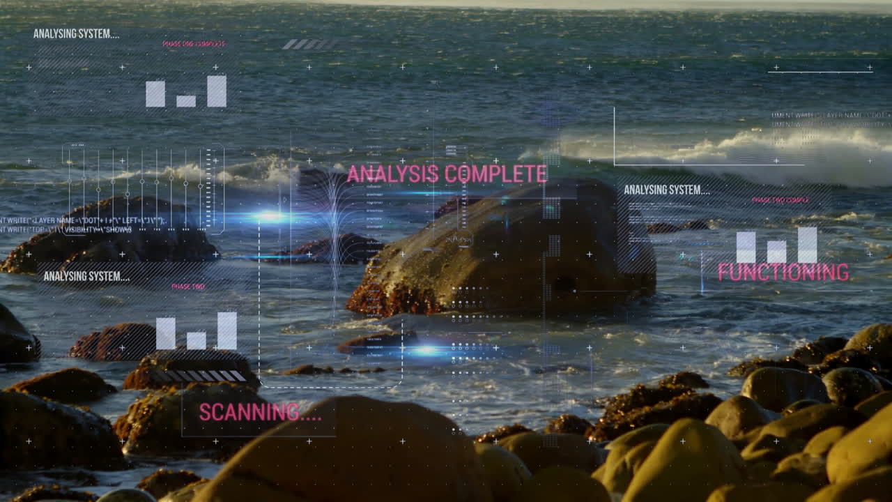 Ocean waves crashing over rocks with digital analysis overlay animation