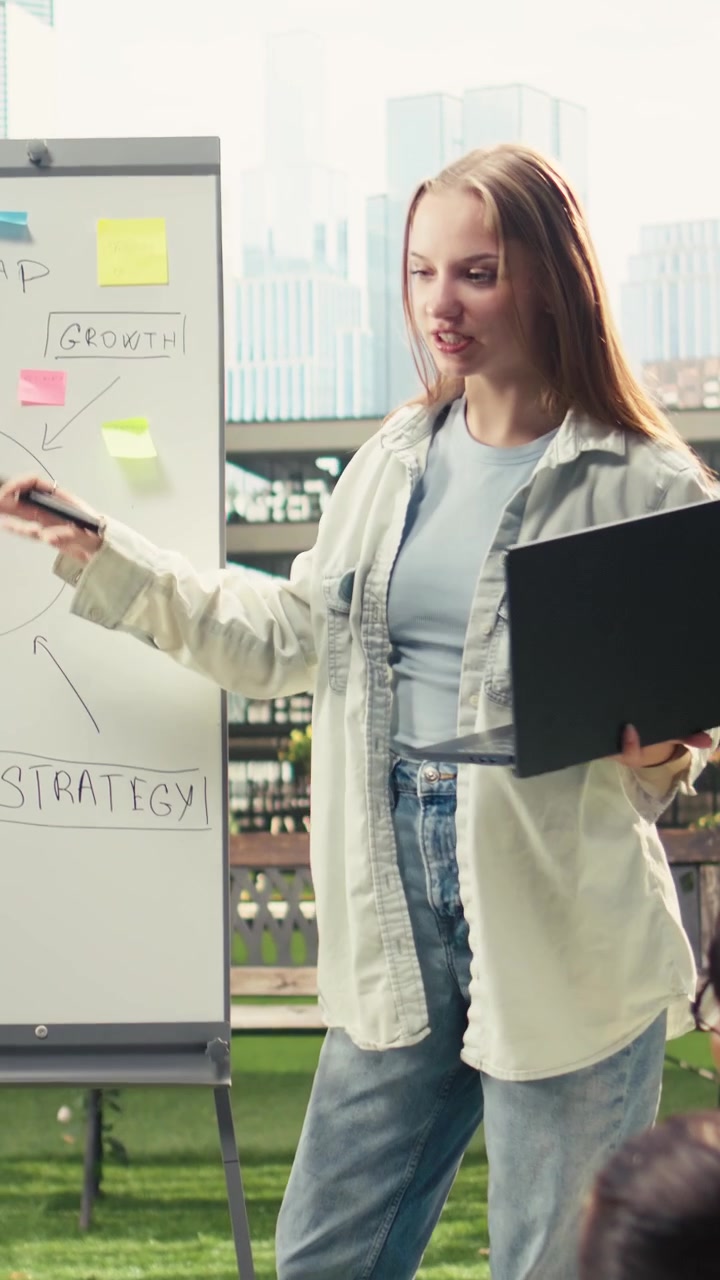 Vertical Video Student explaining strategy whiteboard to classmates on outdoor campus