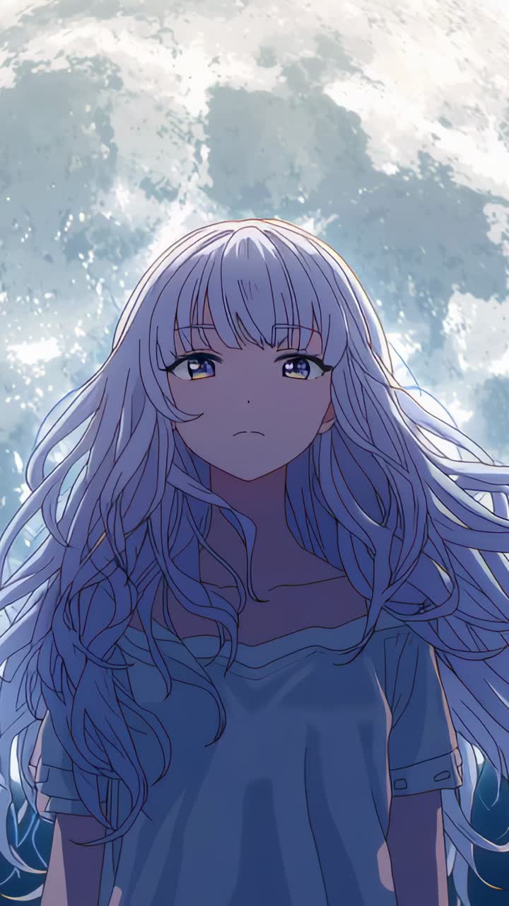 Vertical video: Breeze lifting anime woman white hair, shifting gaze toward sunlit sky in loose top