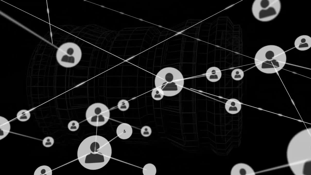 Animation of network of connections with icons on black background