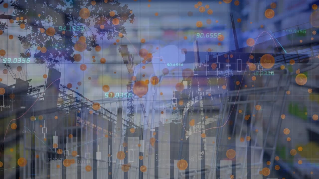 건설 현장의 낮은 각도 뷰에서 그래프와 떨어지는 원의 애니메이션