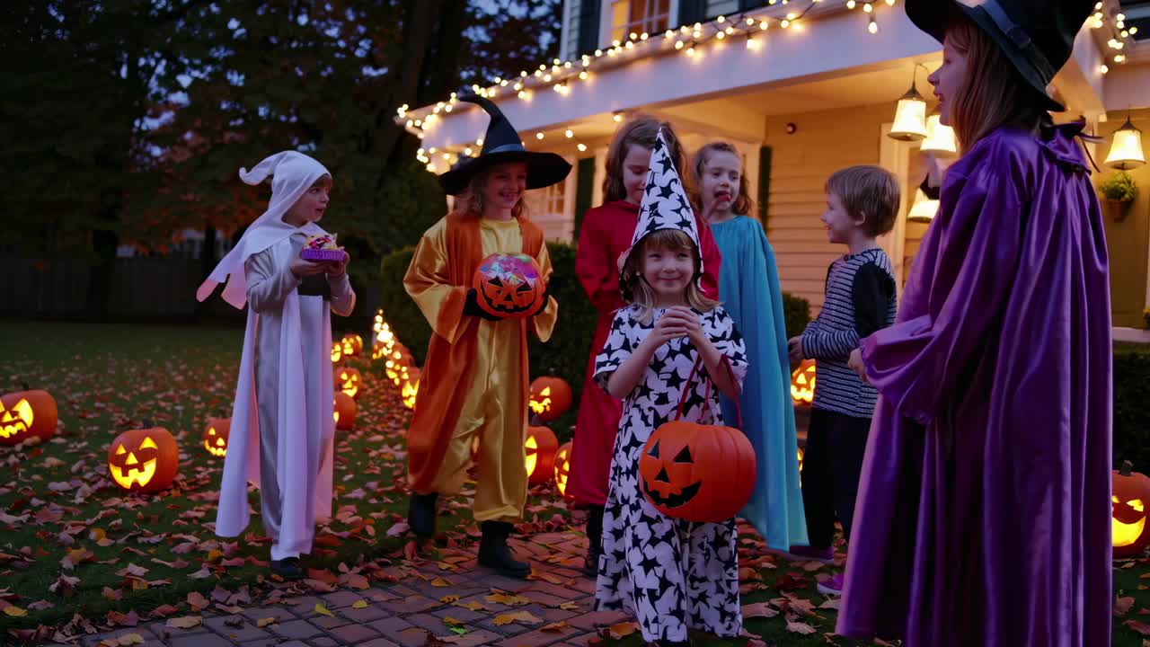 Low-angle video still of children in Halloween costumes, joyfully trick-or-treating on a leaf-strewn