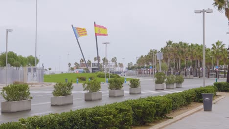 a view of flying flags of spain and catalonia at the port of catalonia