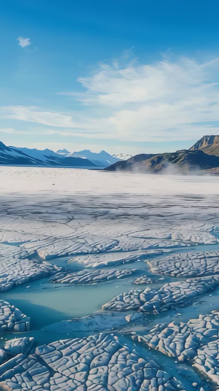 Vertical video: Shifting glacial lake ice revealing cracks, mist rising above turquoise pools