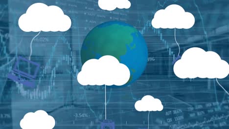 Animación-De-Nubes-Con-íconos,-Globo-Terráqueo-Y-Procesamiento-De-Datos-Financieros-Sobre-Una-Oficina-Vacía