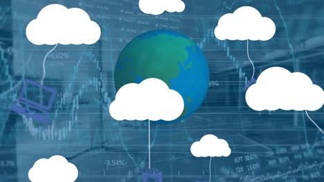 animación de nubes con iconos, globo y procesamiento de datos financieros sobre una oficina vacía