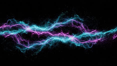 dynamic visualization of electric current flowing in complex patterns with vibrant colors of blue and pink on a dark background, signifying energy and motion