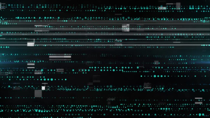 Animation of data processing and interference over black background