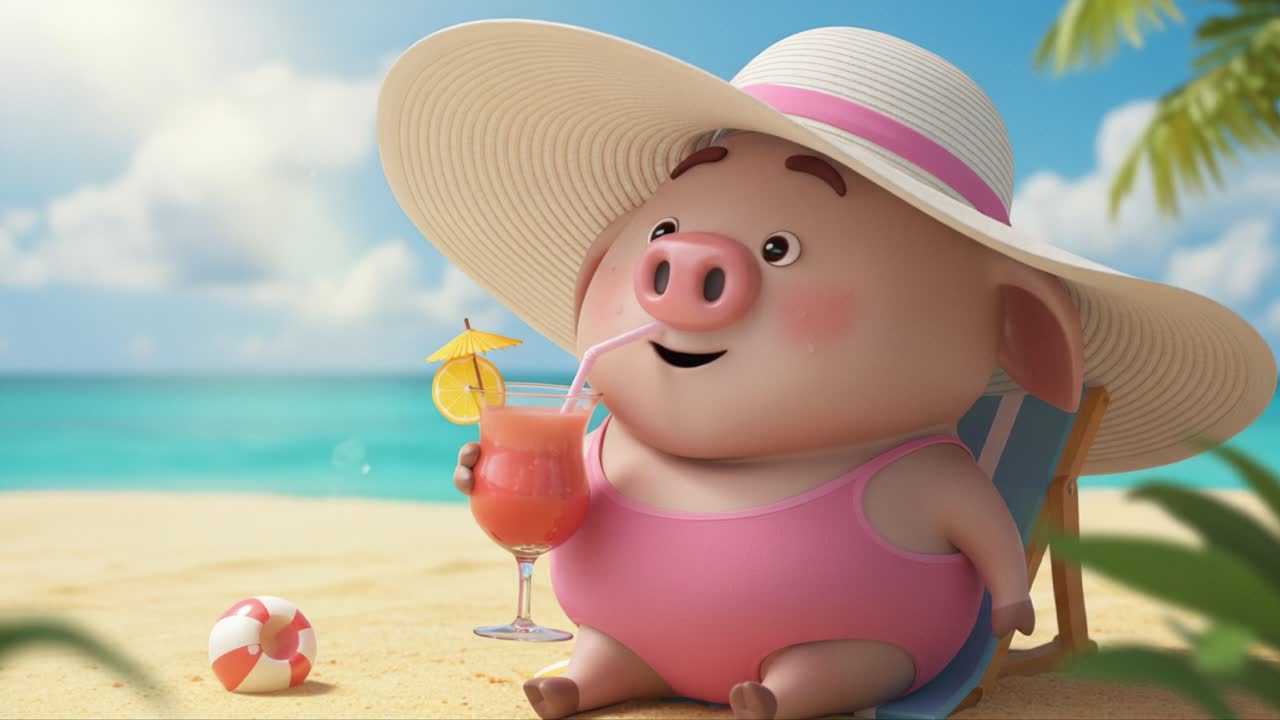 A Relaxed Pig Enjoys a Tropical Beach Day with a Refreshing Drink Under a Large Sun Hat on a Sunny Shoreline, Perfect for Summer Vibes and Fun