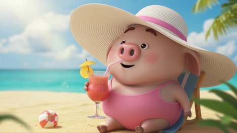 a relaxed pig enjoys a tropical beach day with a refreshing drink under a large sun hat on a sunny shoreline, perfect for summer vibes and fun