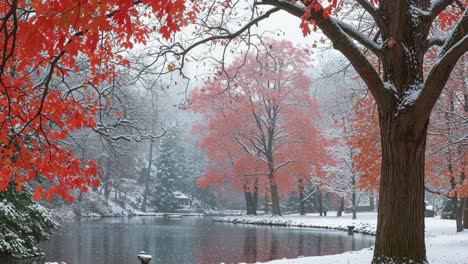 a serene winter landscape featuring vibrant red leaves against a snow-covered scene by a calm river, perfectly capturing the essence of nature's beauty in winter