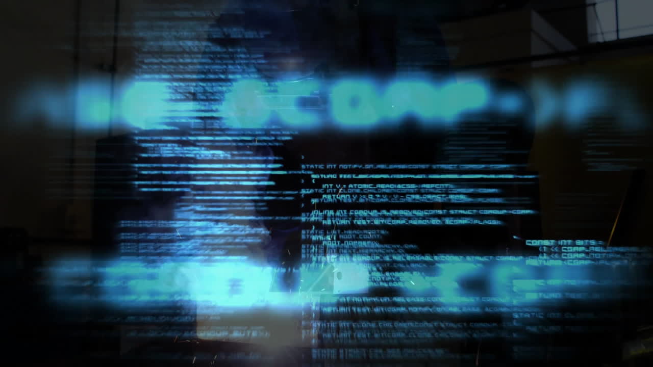 Welder generating bright arc in industrial tech workshop, with floating code overlay and sparks