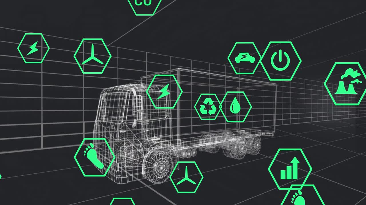 검은색 배경에서 움직이는 3d 자동차 모델 위에서 아이콘의 처리 상태 데이터를 애니메이션
