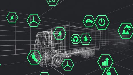 animación de iconos que procesan datos de estado sobre un modelo de coche 3d que se mueve sobre un fondo negro