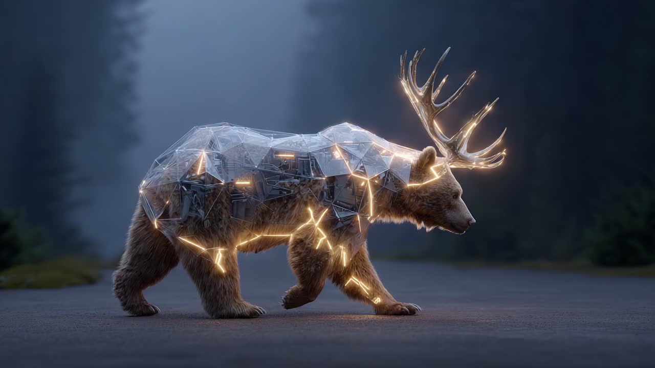 A Stunning Artistic Representation of a Bear with a Geometric Structure and Illuminated Features Walking Through a Mysterious Forest Environment