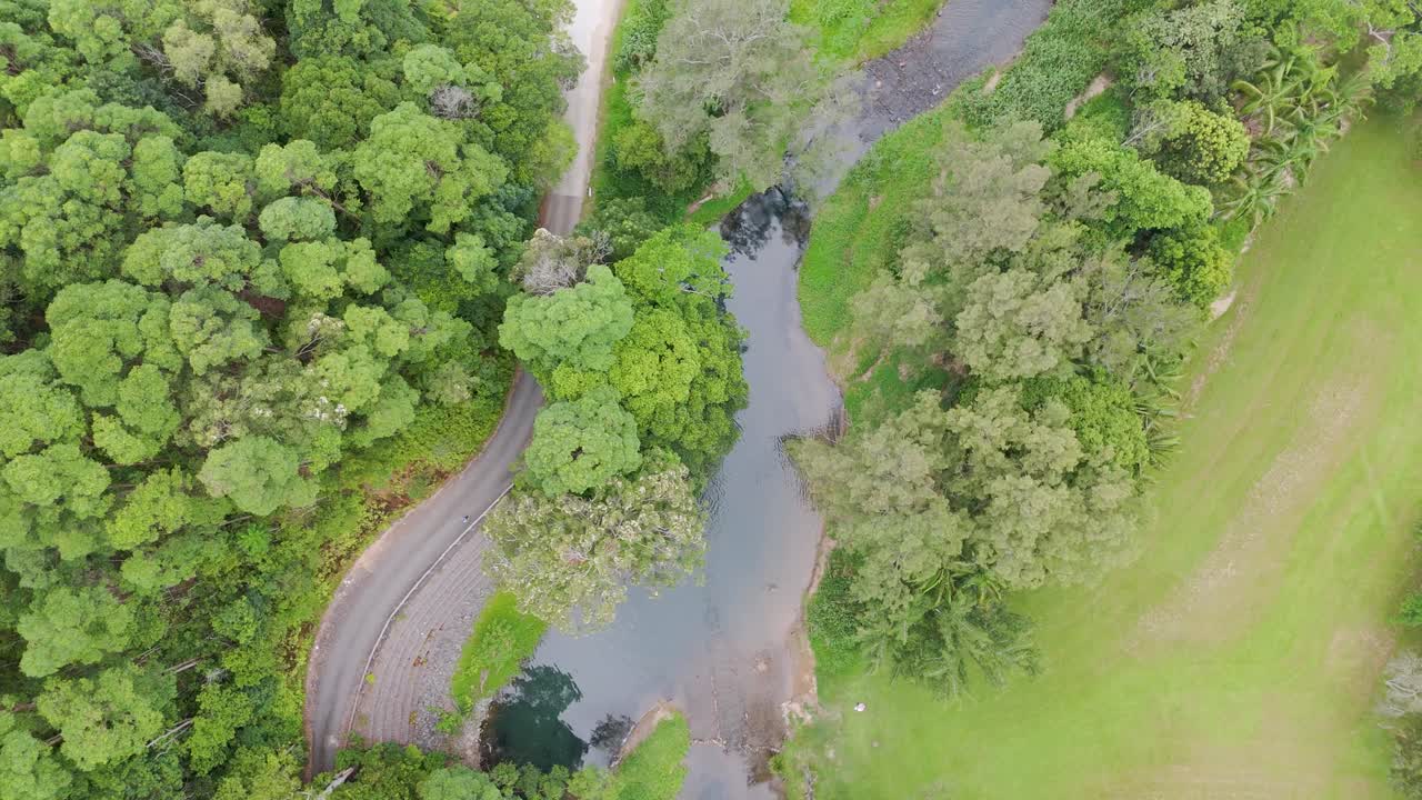 Drone footage captures a winding road through dense greenery and a serene river in Gold Coast, Australia