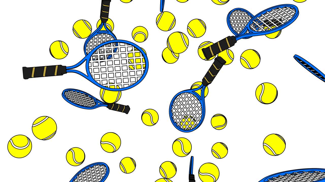 색 배경에 색 테니스 공과 파란색 테니스 래켓이 있습니다.