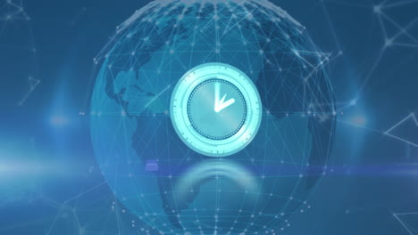 animación del reloj moviéndose sobre las conexiones y el globo sobre fondo azul