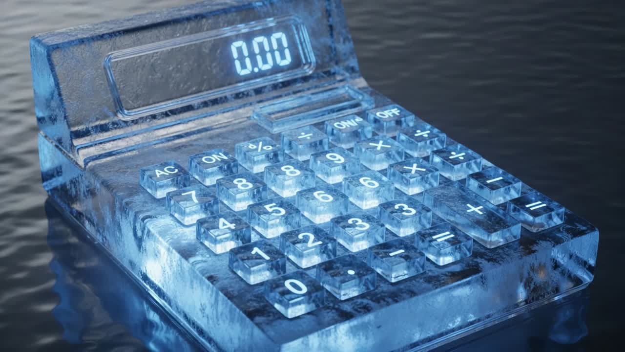 Ein innovatives, durchscheinendes Eis-Display für einen Rechner, das numerische Daten in einer frostigen Umgebung anzeigt und die Verbindung von Technologie und Design hervorhebt