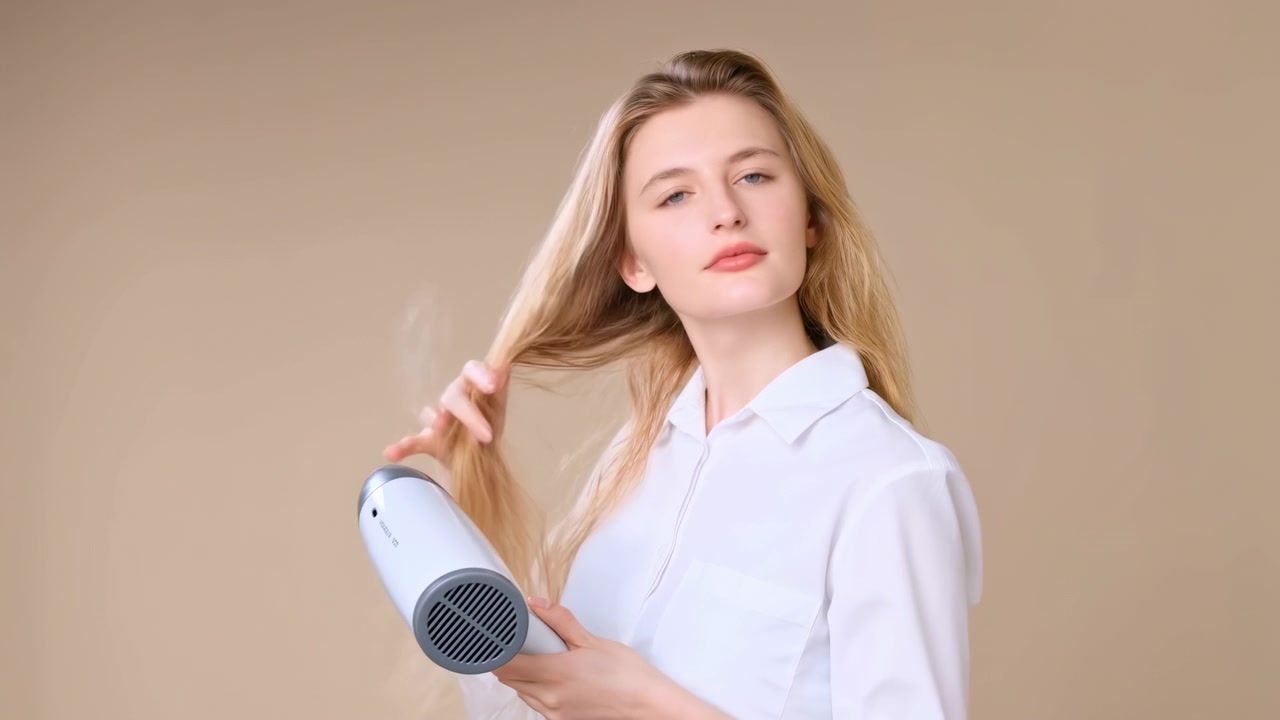 Retrato de estudio de medio cuerpo de mujer joven secando su largo cabello rubio con un secador de mano, levantando mechones mientras alisa el volumen con la mano libre, con flujo de aire visible cerca de la boquilla, iluminación suave y fondo limpio.