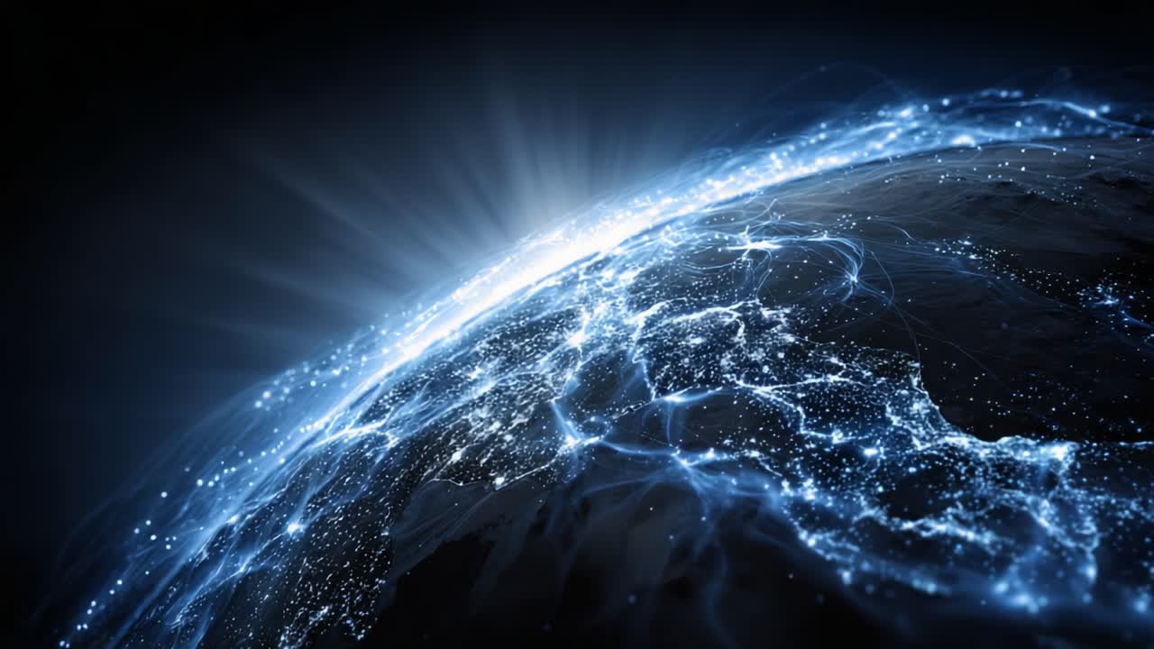A Majestic View of Earth Illuminated with Bright Light and Network Connections, Showcasing Global Connectivity and Natural Beauty in the Cosmos