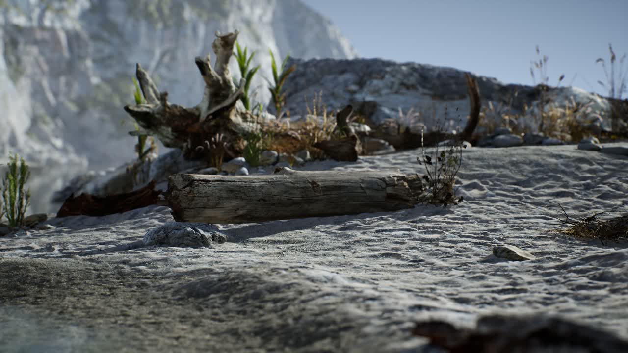 바다 의 바위 절벽 근처 에 있는  ⁇  모래 해변