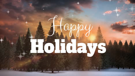 animation of happy holidays text banner and stars icons over winter landscape against sunset sky