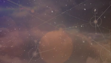 animación de la red de conexiones y puntos de luz sobre el cielo con nubes