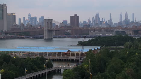 aerial view of brooklyn bridge park on an overcast day. shot in new york city