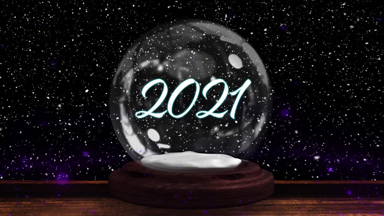 animación de nieve cayendo sobre un globo de nieve con texto de 2021 en fondo negro