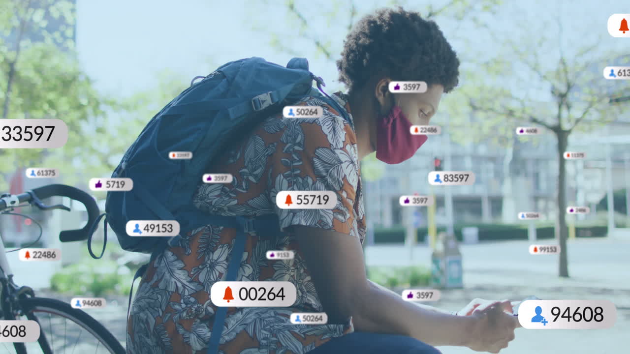 Using phone with social media notifications, person wearing mask in school