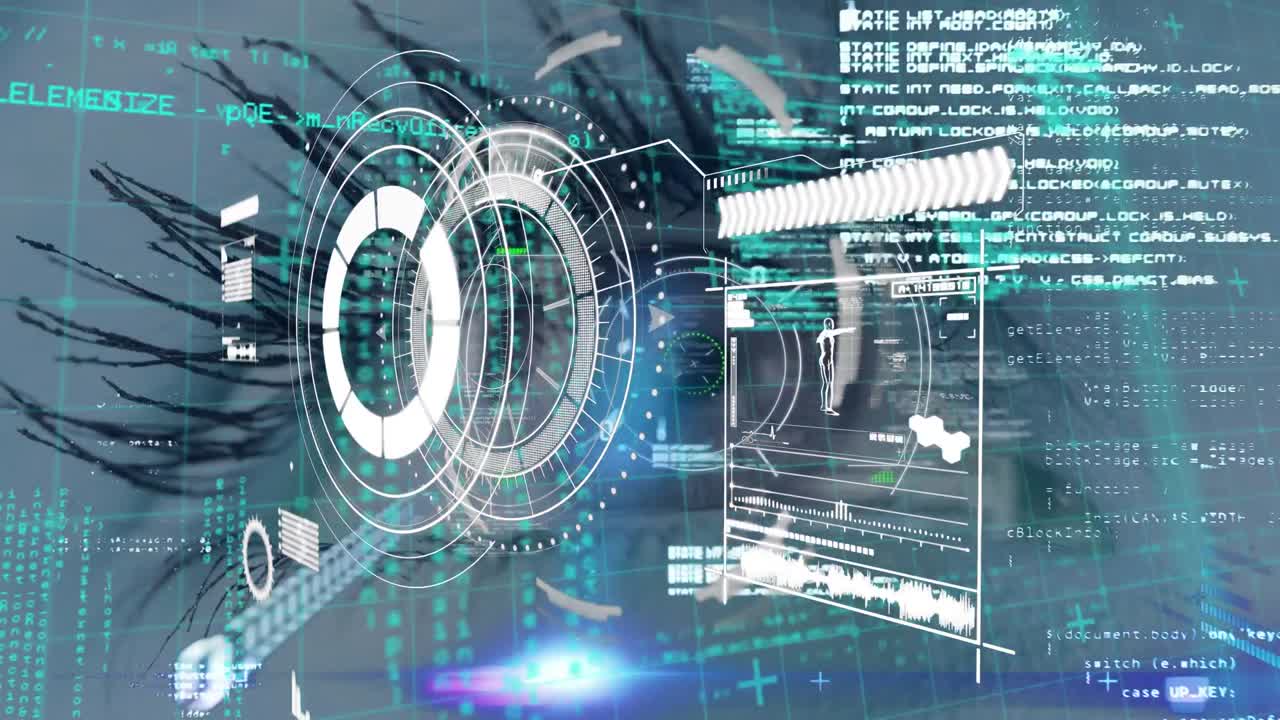 백인 여성의 눈 위에서 스 ⁇  스캐닝과 데이터 처리의 애니메이션