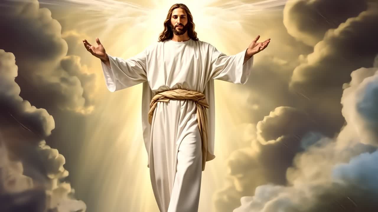 A divine figure in white robes, arms open, surrounded by light and clouds
