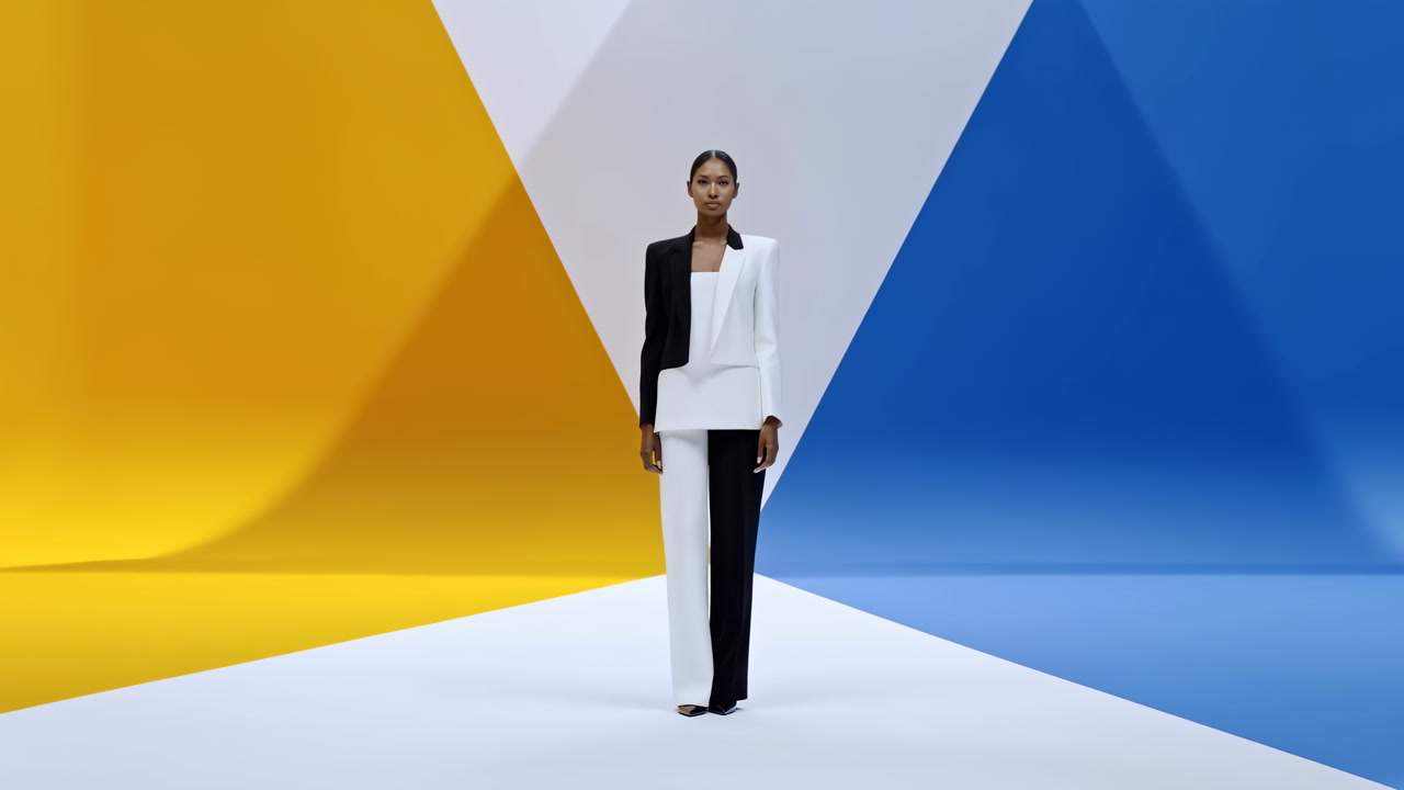 Black Woman In Geometric Studio Poised In Monochrome Suit Amid Yellow And Blue Angular Backdrop, Model Stands