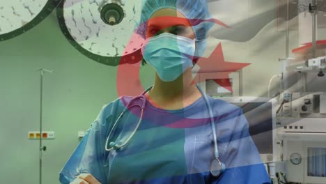 Animation-of-flag-of-algeria-waving-over-surgeons-in-operating-theatre