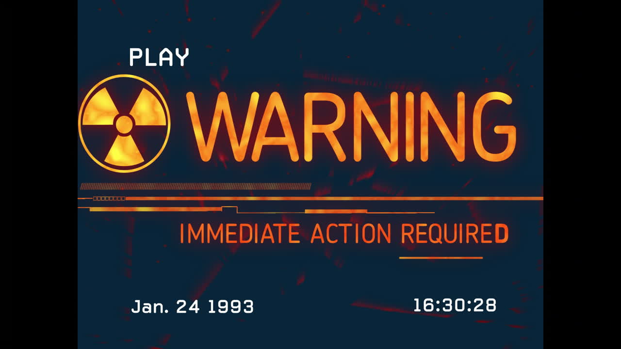 Radiation warning sign with urgent message on dark background in animation